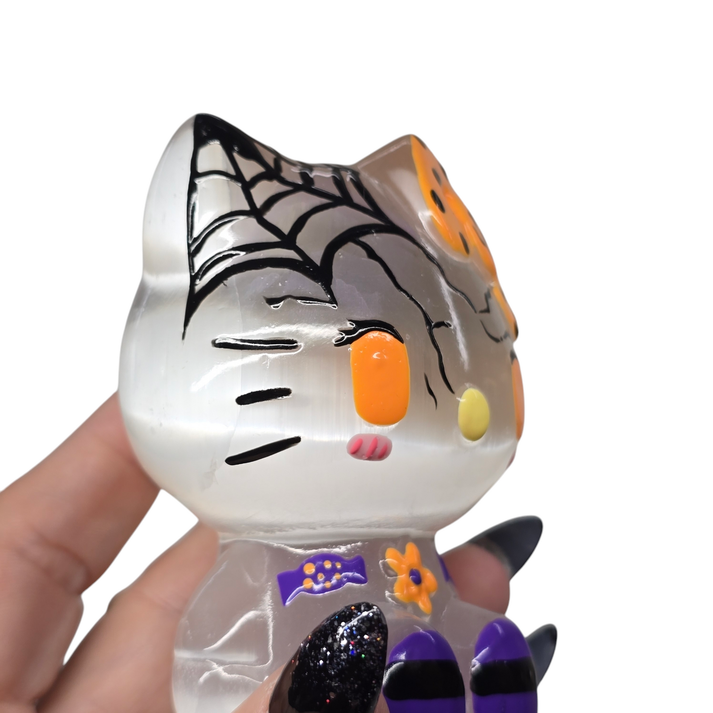 4" Selenite Handpainted Hello Kitty | Natural Crystal Carved Halloween Figurine