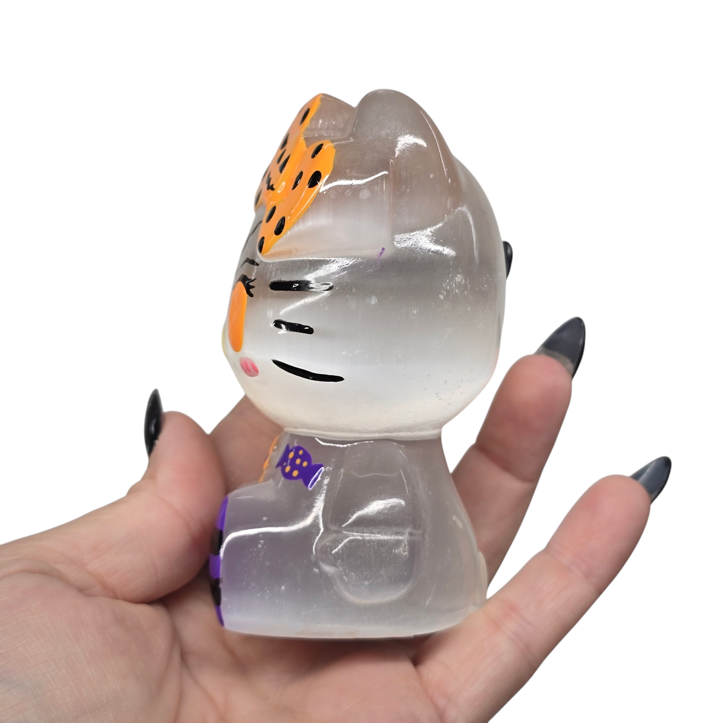 4" Selenite Handpainted Hello Kitty | Natural Crystal Carved Halloween Figurine