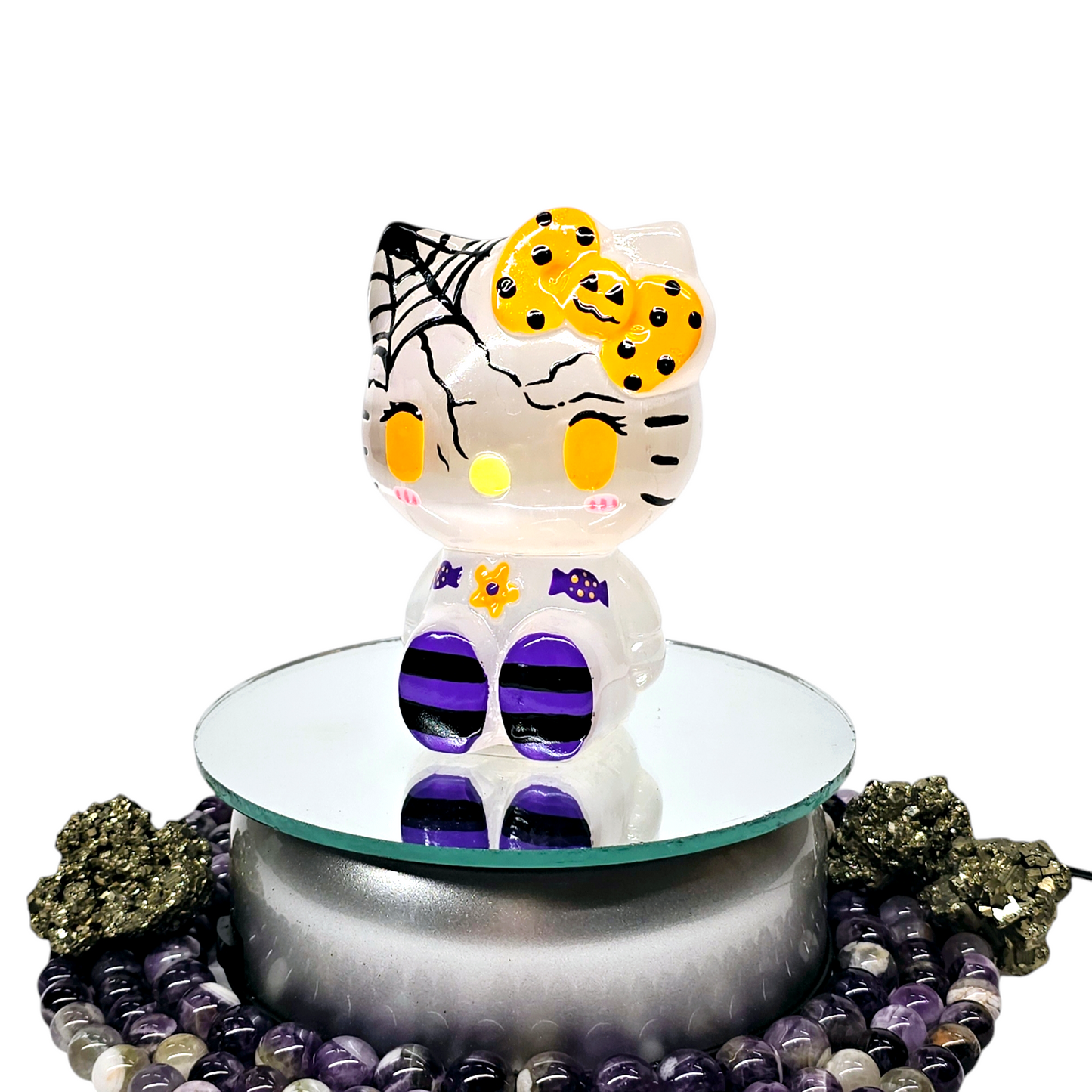 4" Selenite Handpainted Hello Kitty | Natural Crystal Carved Halloween Figurine