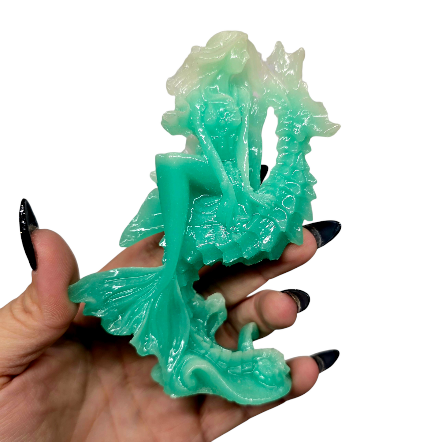 5"H Luminous Glow-in-the-Dark Mermaid & Seahorse | Unique Sea Green Home Figurine Decor Gift