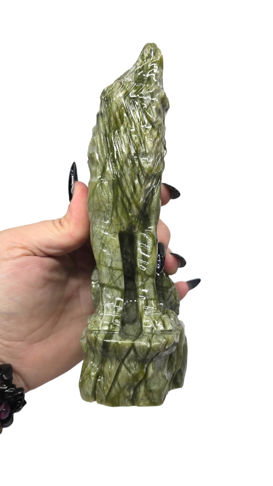 7"H Nephrite Green Jade Howling Wolf | Natural Crystal Carved & Polished Stone