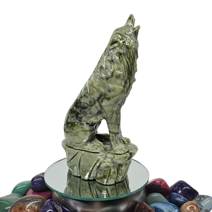 7"H Nephrite Green Jade Howling Wolf | Natural Crystal Carved & Polished Stone