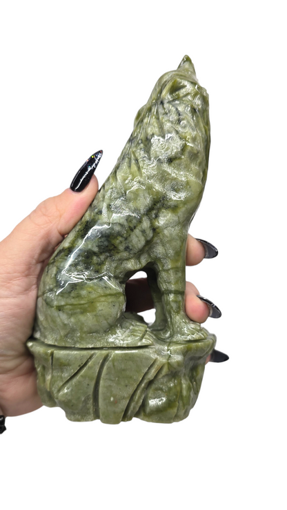 7"H Nephrite Green Jade Howling Wolf | Natural Crystal Carved & Polished Stone