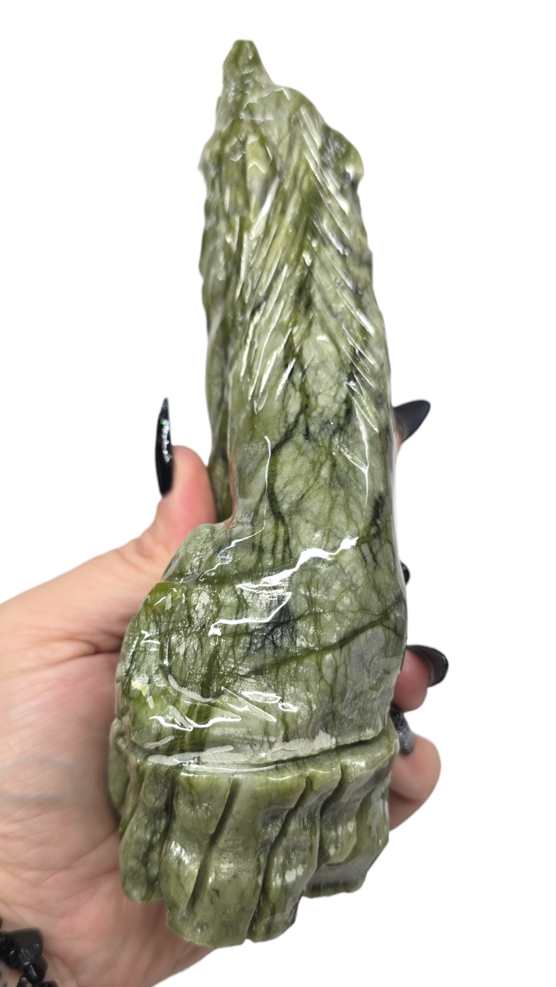 7"H Nephrite Green Jade Howling Wolf | Natural Crystal Carved & Polished Stone