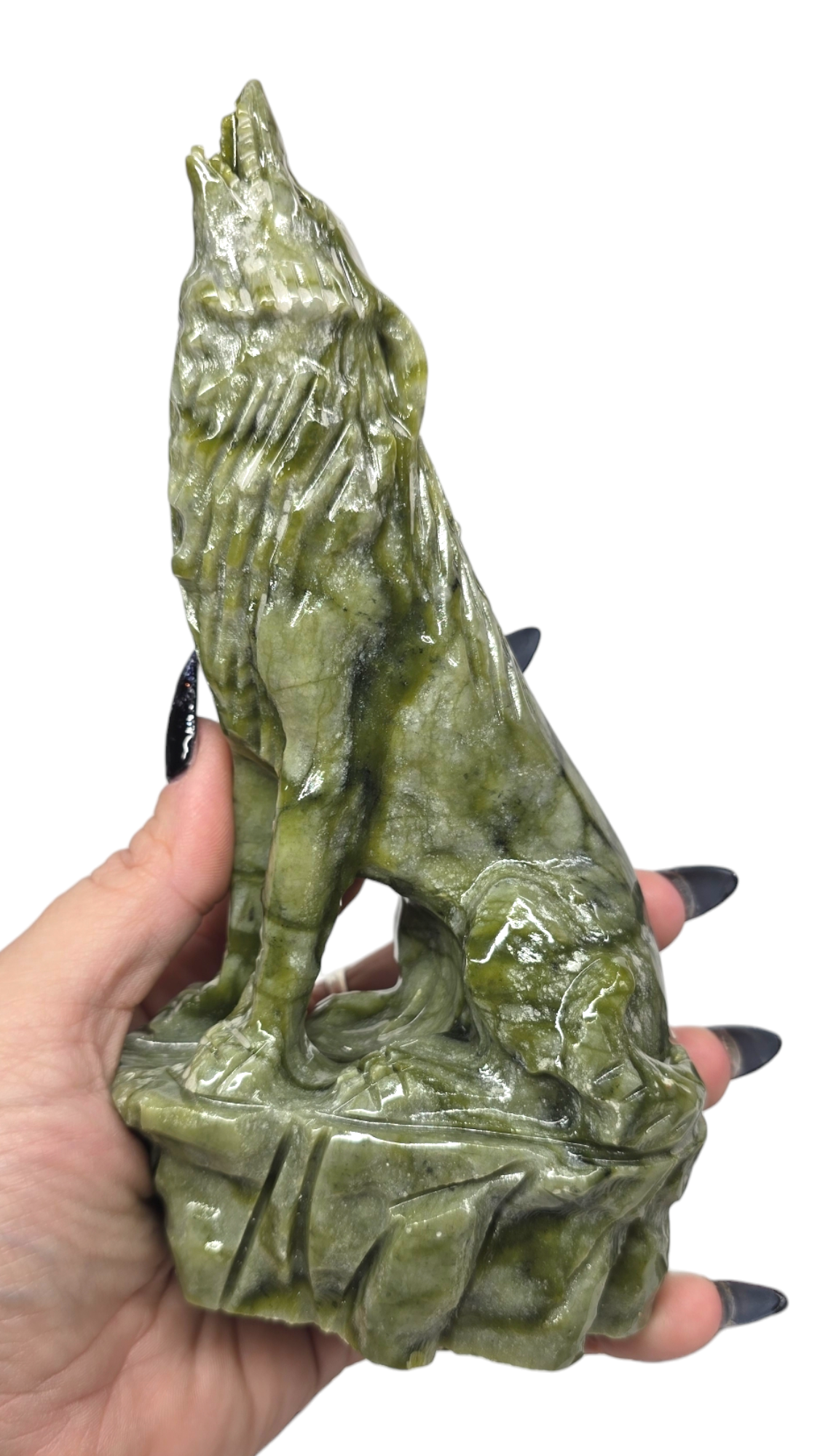 7"H Nephrite Green Jade Howling Wolf | Natural Crystal Carved & Polished Stone