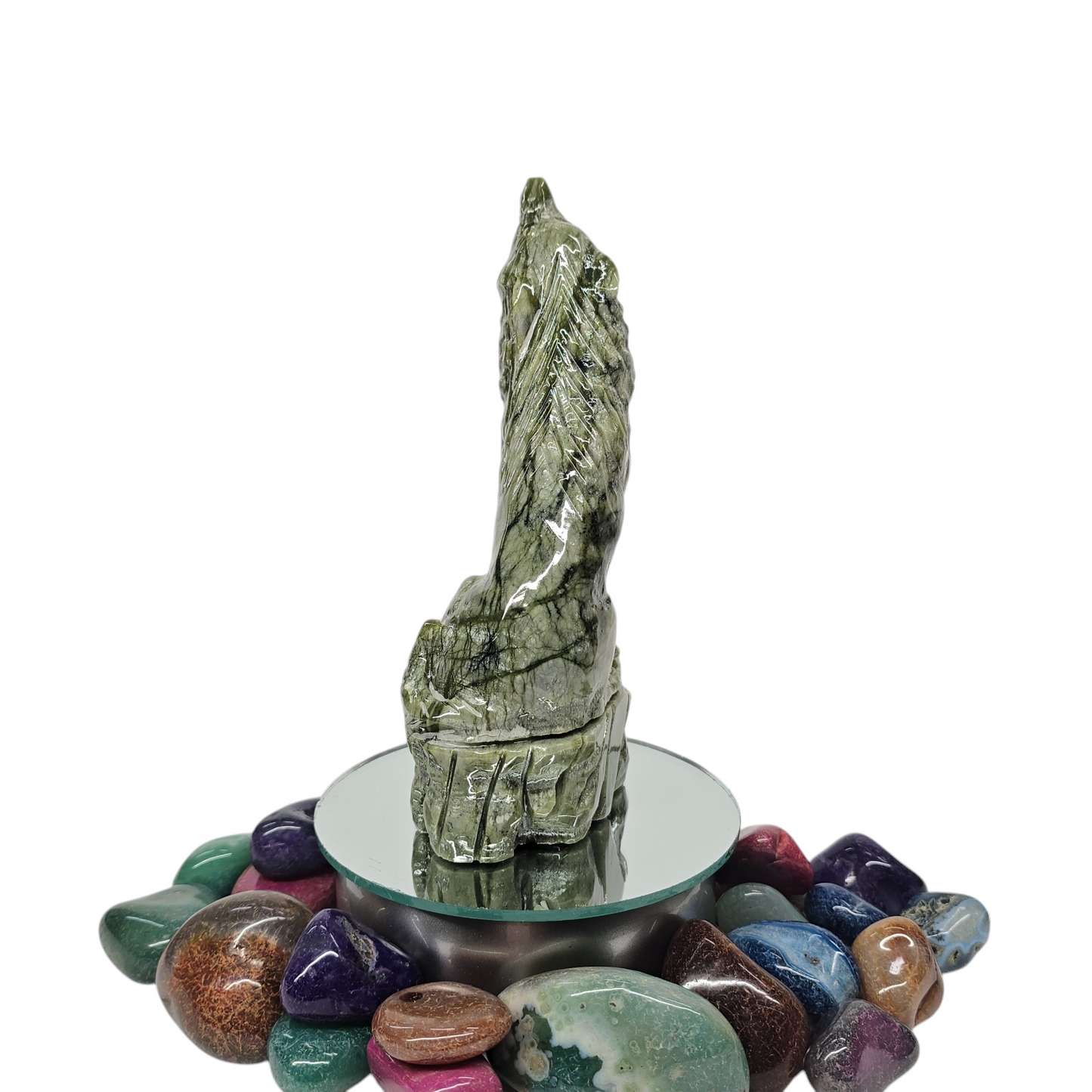 7"H Nephrite Green Jade Howling Wolf | Natural Crystal Carved & Polished Stone