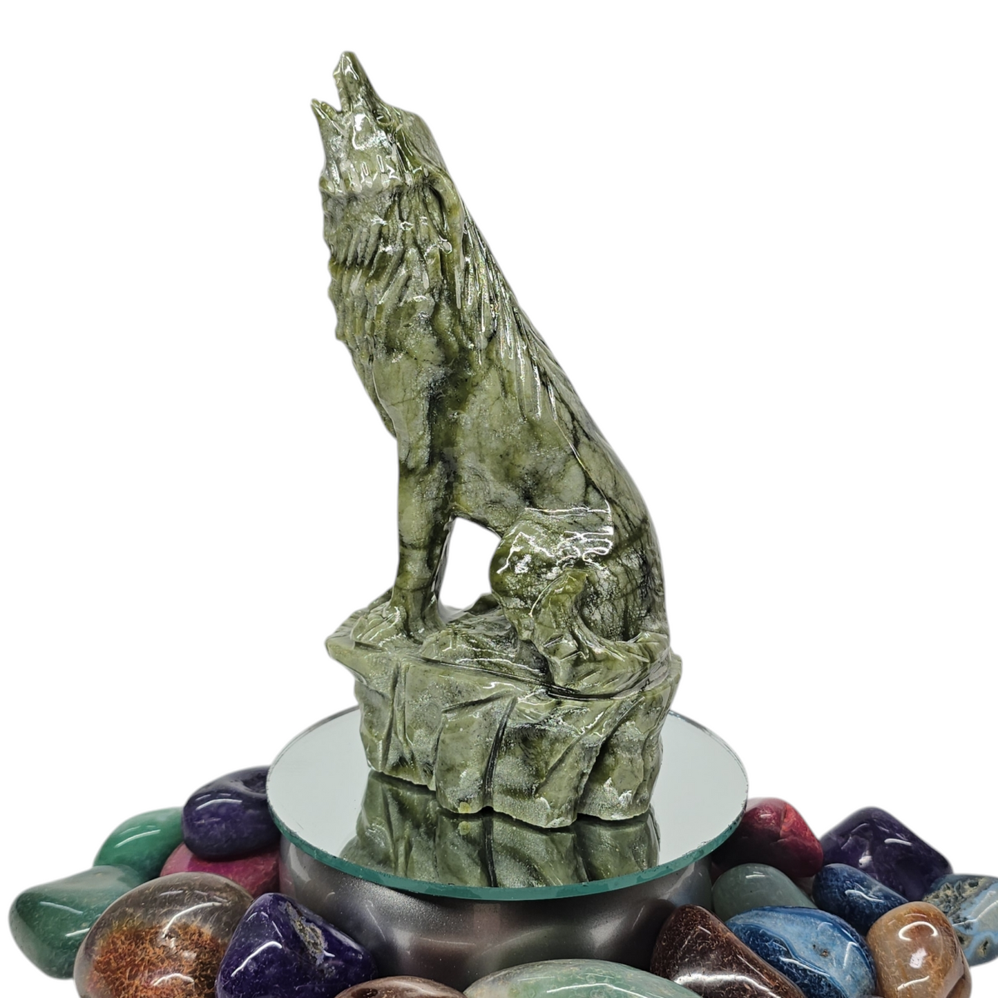 7"H Nephrite Green Jade Howling Wolf | Natural Crystal Carved & Polished Stone