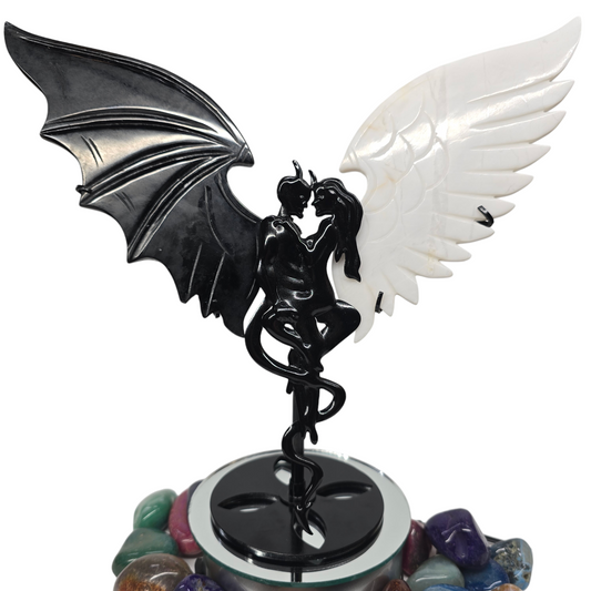 Beautiful Obsidian & White Agate Good Evil, Dark Light, Devil Angel Lovers Wings | Natural Crystal Carved and Polished Stone