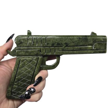 1.1lb Nephrite Green Jade Hand Carved Crystal Pistol Side Arm | Natural Crystal Carved & Polished Stone