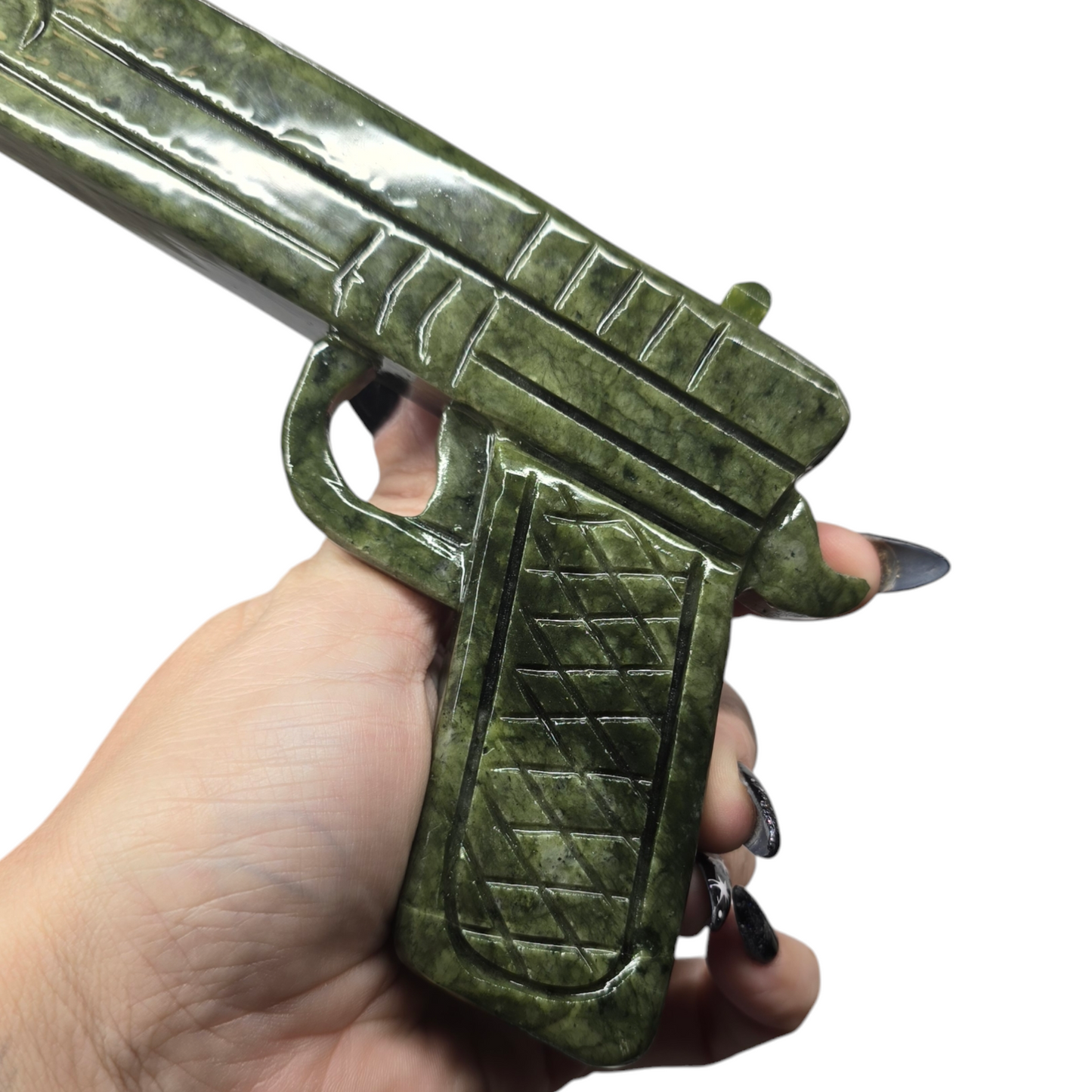 1.1lb Nephrite Green Jade Hand Carved Crystal Pistol Side Arm | Natural Crystal Carved & Polished Stone