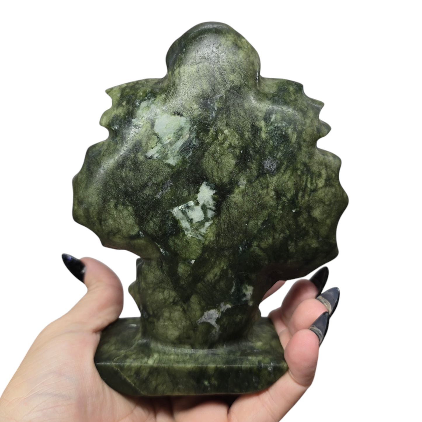 1.11lb Nephrite Green Jade Human Skull w/ Leaf Body | Natural Crystal Carved & Polished Stone