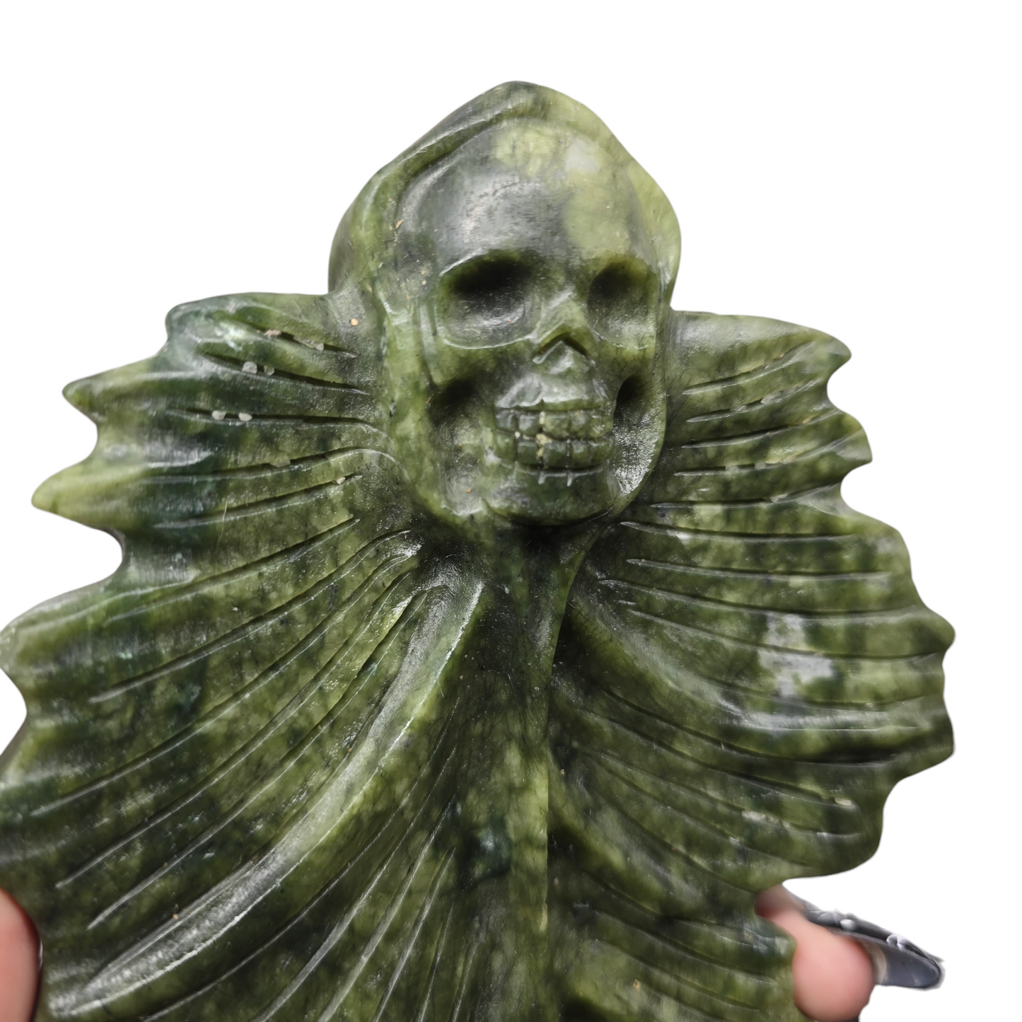 1.11lb Nephrite Green Jade Human Skull w/ Leaf Body | Natural Crystal Carved & Polished Stone