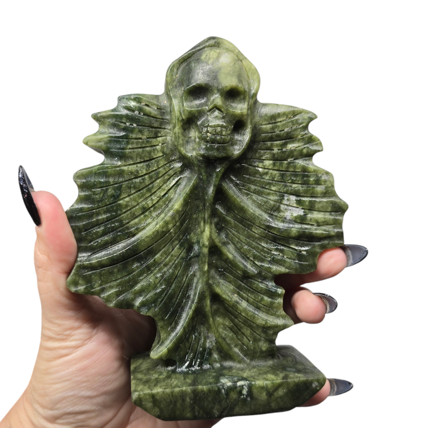 1.11lb Nephrite Green Jade Human Skull w/ Leaf Body | Natural Crystal Carved & Polished Stone