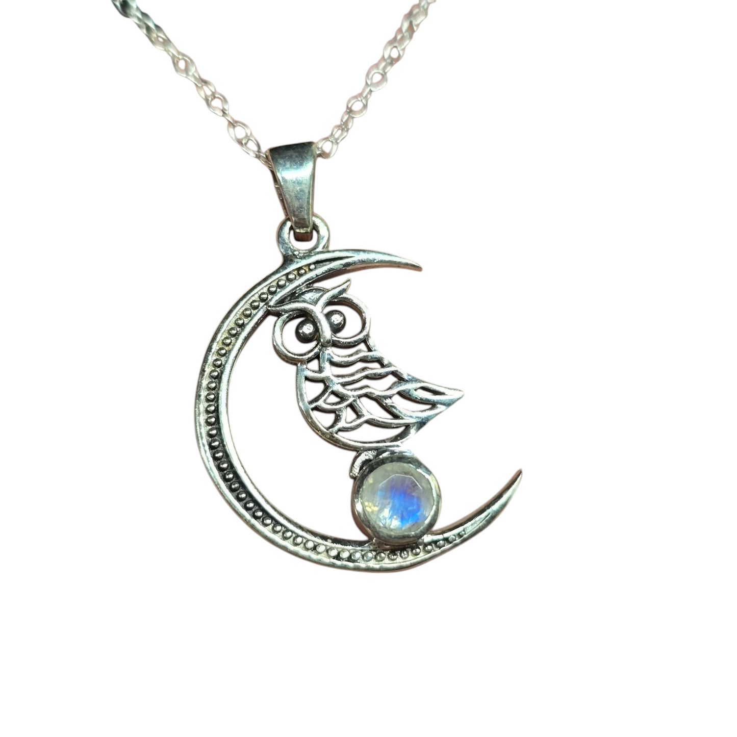 Owl w/ Crescent Moon & Crystal s925 Necklace | 18" Sterling Silver Chain