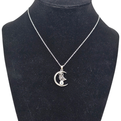 Owl w/ Crescent Moon & Crystal s925 Necklace | 18" Sterling Silver Chain