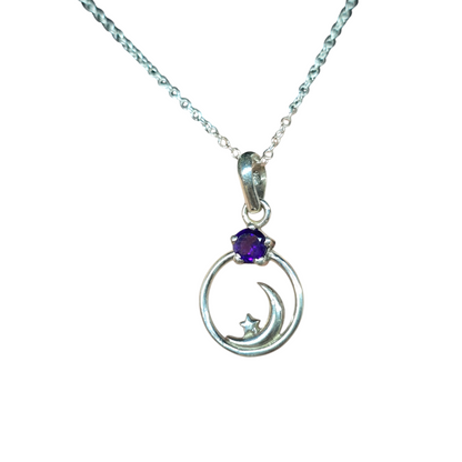 Crescent Moon w/ Star & Crystal s925 Necklace | 18" Sterling Silver Chain