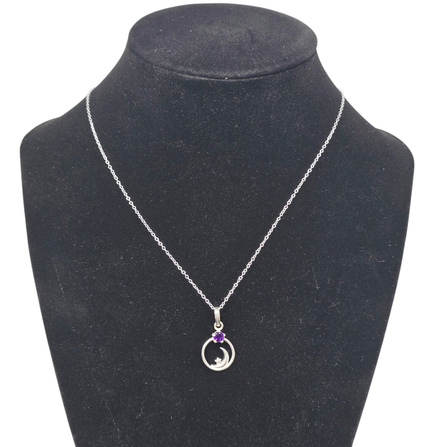 Crescent Moon w/ Star & Crystal s925 Necklace | 18" Sterling Silver Chain