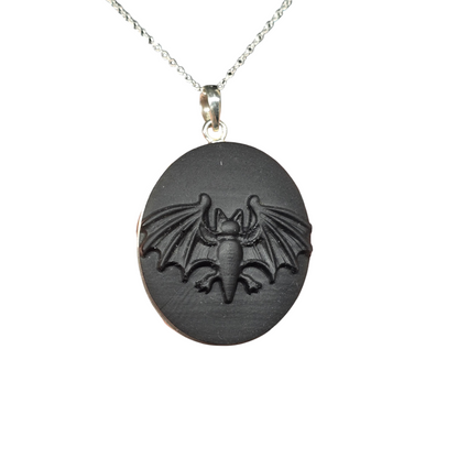 Black Obsidian Etched Bat s925 Necklace | 18" Sterling Silver Chain