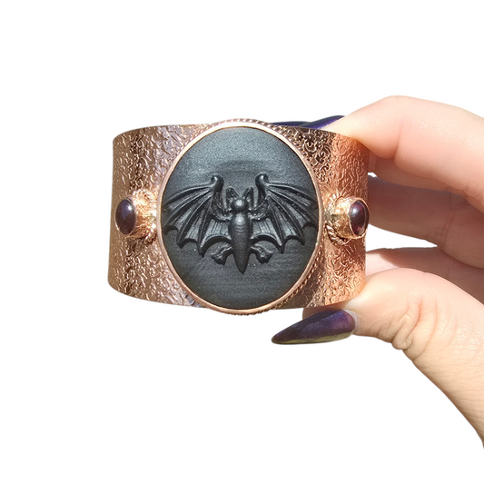 Obsidian Bat & Garnet Copper Cuff Bracelet