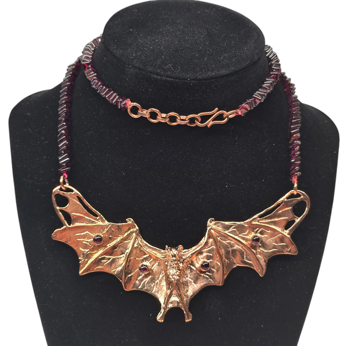 Copper Bat & Garnet Pendant on Garnet Chip Necklace | 18" S-Hook