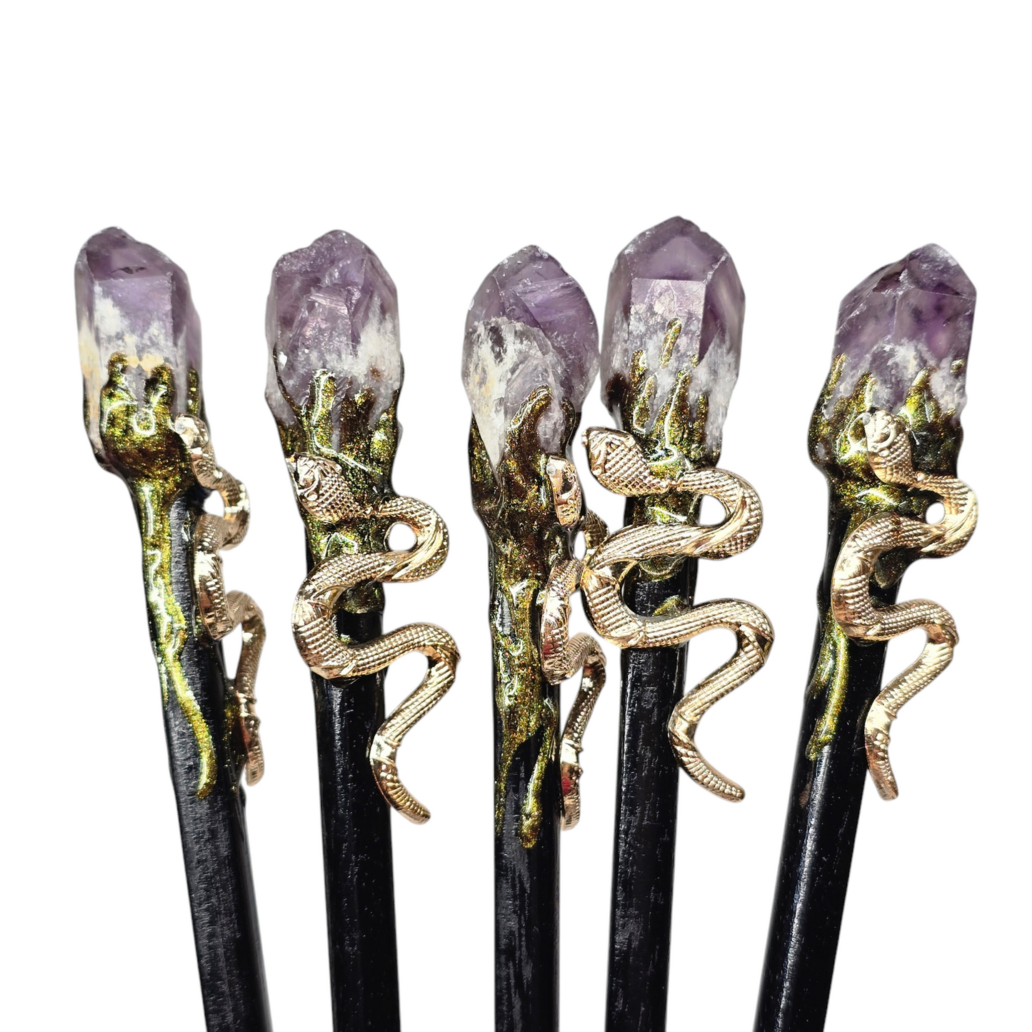 Magick Wand | Goldish Snake with Black Stem (various crystal)