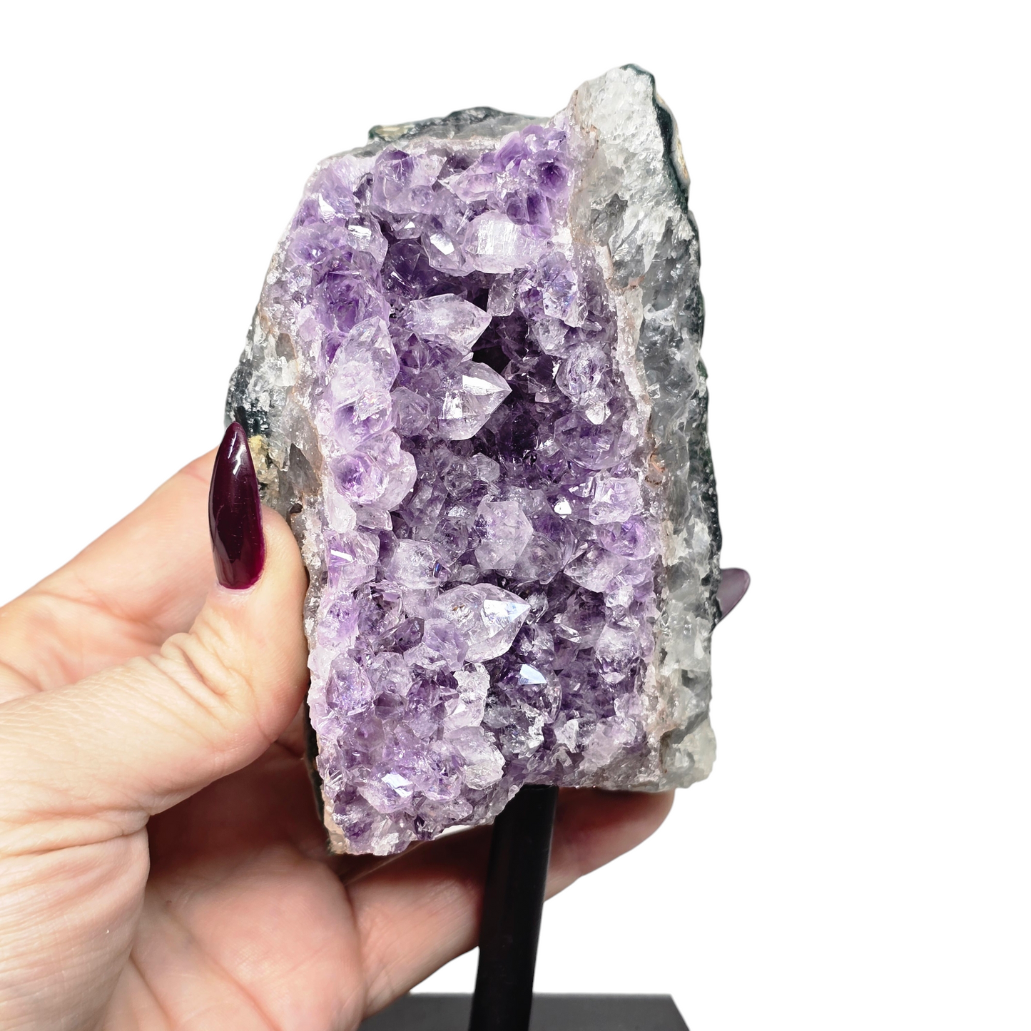 Amethyst Natural Druzy on Metal Rod Stand VI | Natural Crystal Polished Edge & Raw Stone