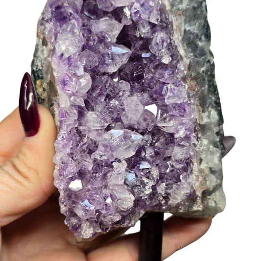 Amethyst Natural Druzy on Metal Rod Stand VI | Natural Crystal Polished Edge & Raw Stone