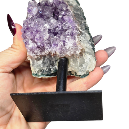 Amethyst Natural Druzy on Metal Rod Stand VI | Natural Crystal Polished Edge & Raw Stone