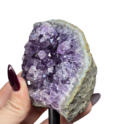 Amethyst Natural Druzy on Metal Rod Stand VII | Natural Crystal Polished Edge & Raw Stone