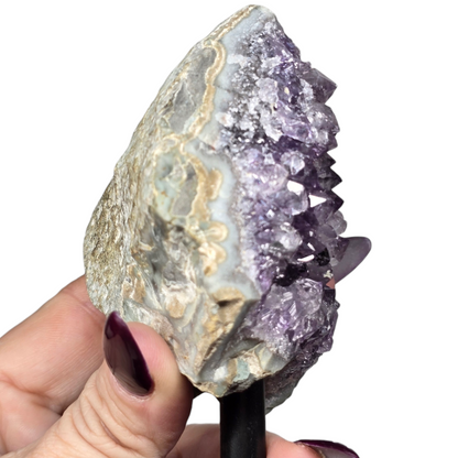 Amethyst Natural Druzy on Metal Rod Stand VII | Natural Crystal Polished Edge & Raw Stone