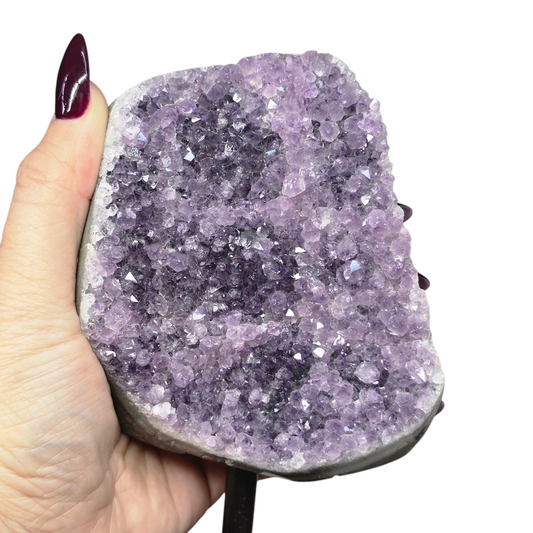 1.9lb Amethyst Natural Druzy on Metal Rod Stand II | Natural Crystal Polished Edge & Raw Stone