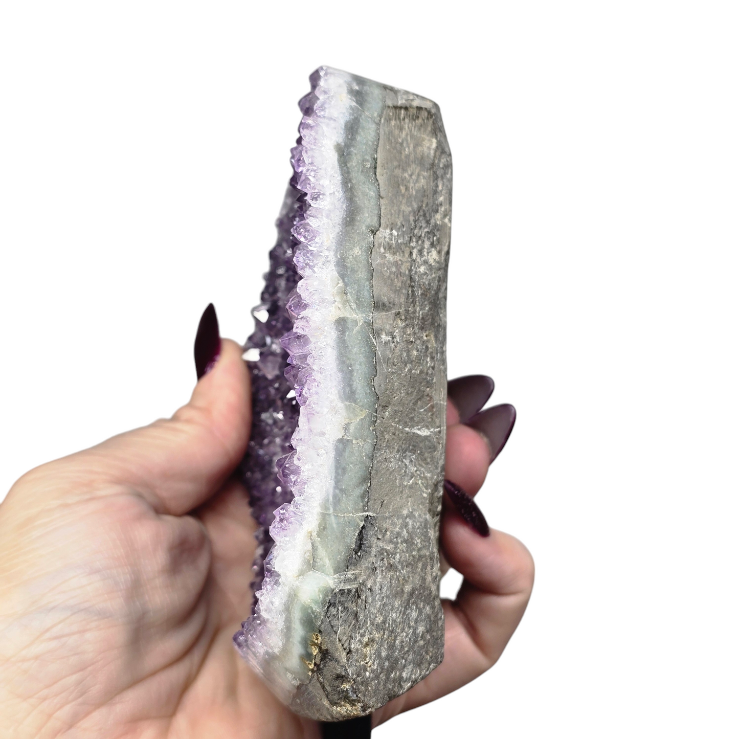 1.9lb Amethyst Natural Druzy on Metal Rod Stand II | Natural Crystal Polished Edge & Raw Stone