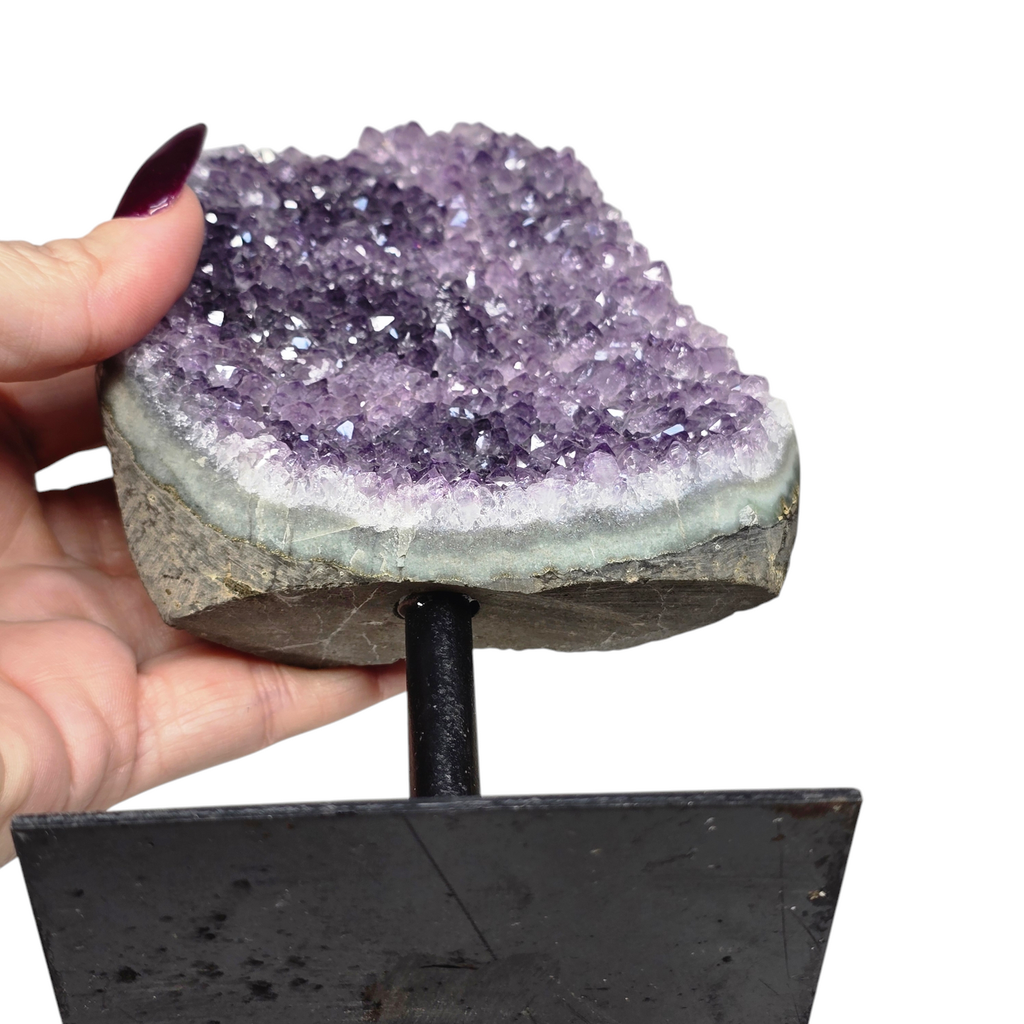 1.9lb Amethyst Natural Druzy on Metal Rod Stand II | Natural Crystal Polished Edge & Raw Stone