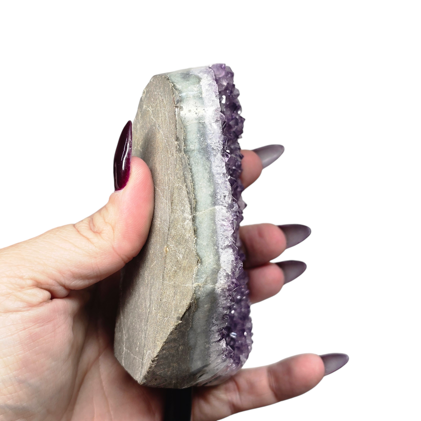 1.9lb Amethyst Natural Druzy on Metal Rod Stand II | Natural Crystal Polished Edge & Raw Stone