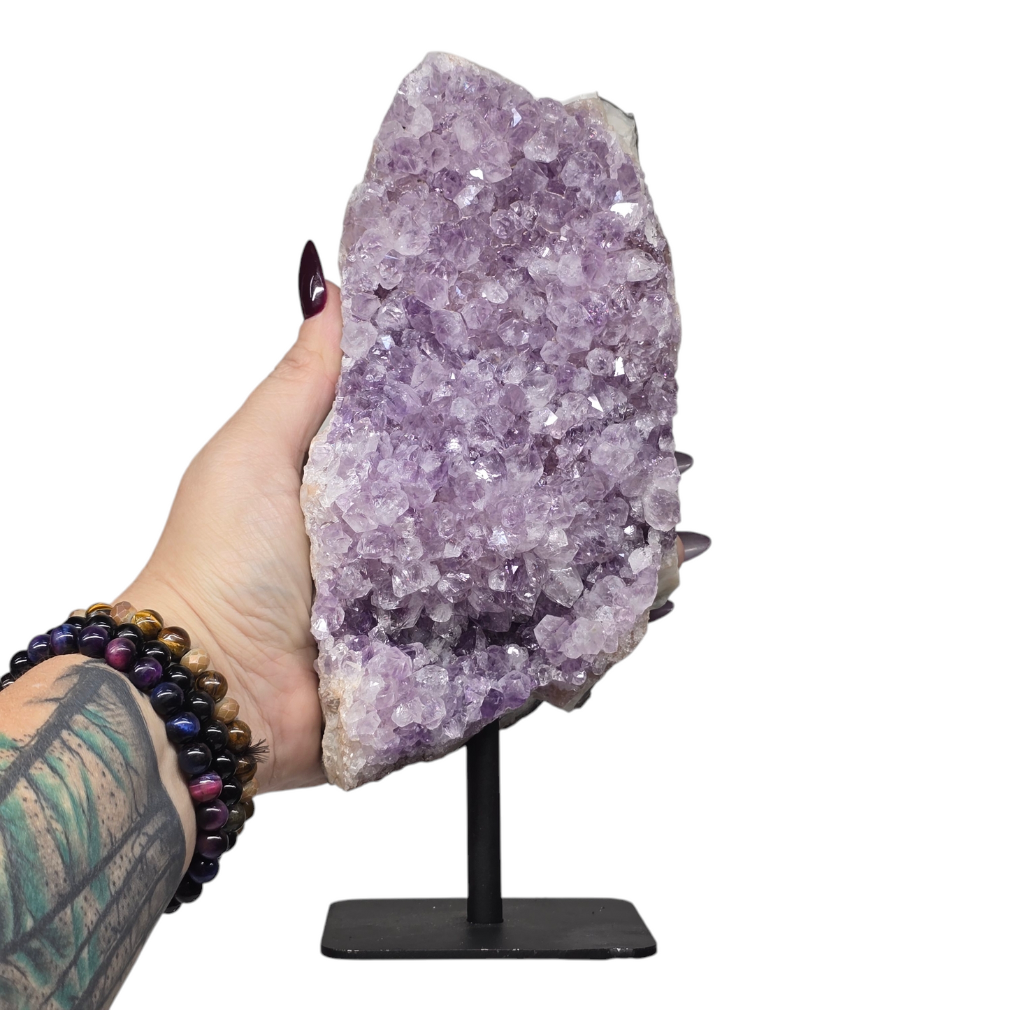 4.5lb Amethyst Natural Druzy on Metal Rod Stand IV | Natural Crystal Polished Edge & Raw Stone