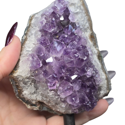 1lb Amethyst Natural Druzy on Metal Rod Stand VIII | Natural Crystal Polished Edge & Raw Stone