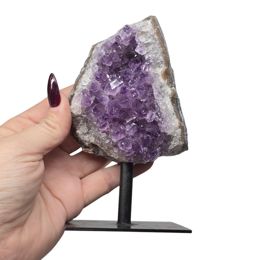 1lb Amethyst Natural Druzy on Metal Rod Stand VIII | Natural Crystal Polished Edge & Raw Stone