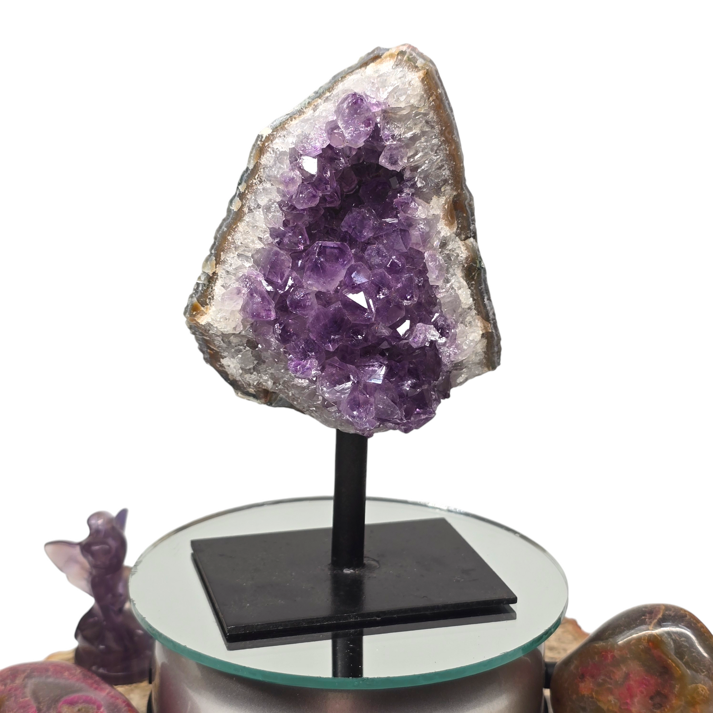 1lb Amethyst Natural Druzy on Metal Rod Stand VIII | Natural Crystal Polished Edge & Raw Stone