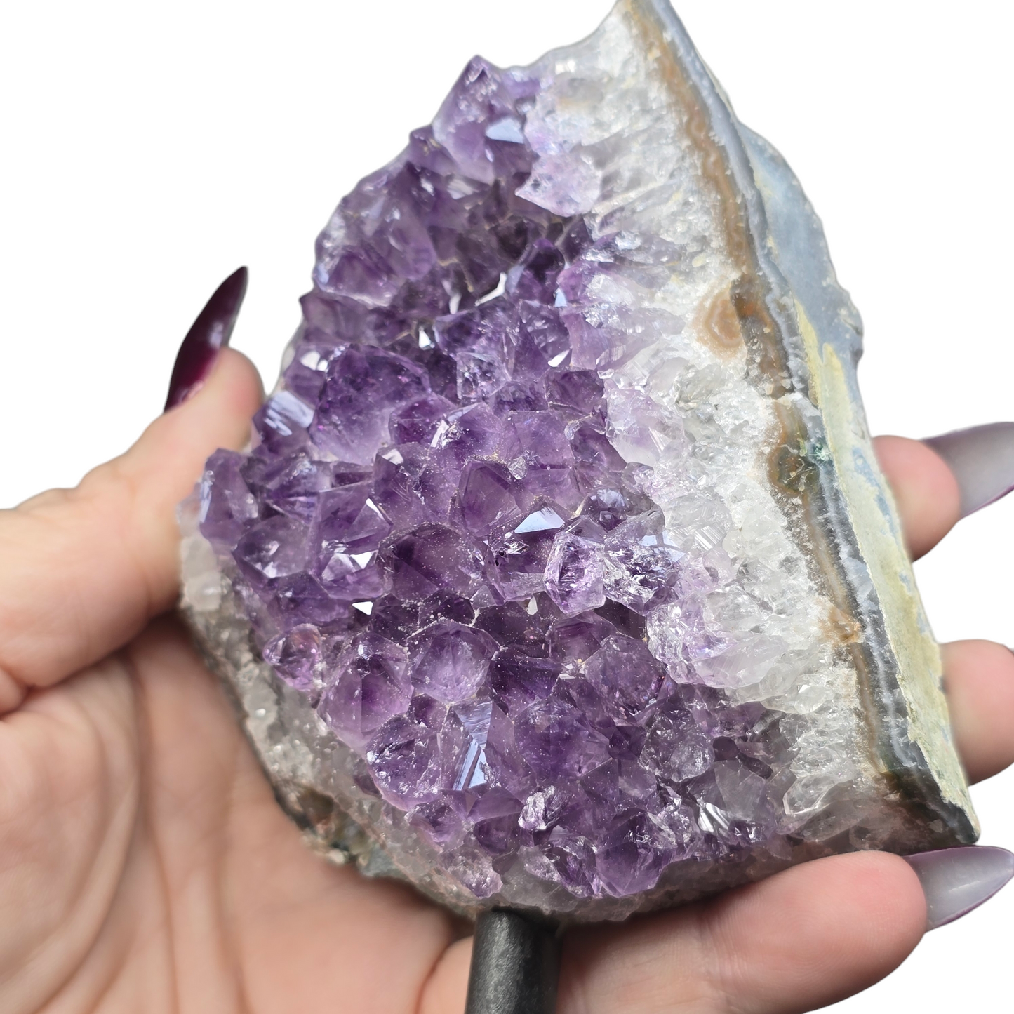 1lb Amethyst Natural Druzy on Metal Rod Stand VIII | Natural Crystal Polished Edge & Raw Stone