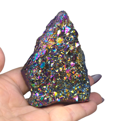 8oz Rainbow Aura Amethyst Electroplated Druzy Cluster I | Natural Crystal Raw Flat Bottom Stone