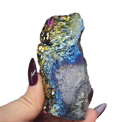 8oz Rainbow Aura Amethyst Electroplated Druzy Cluster I | Natural Crystal Raw Flat Bottom Stone