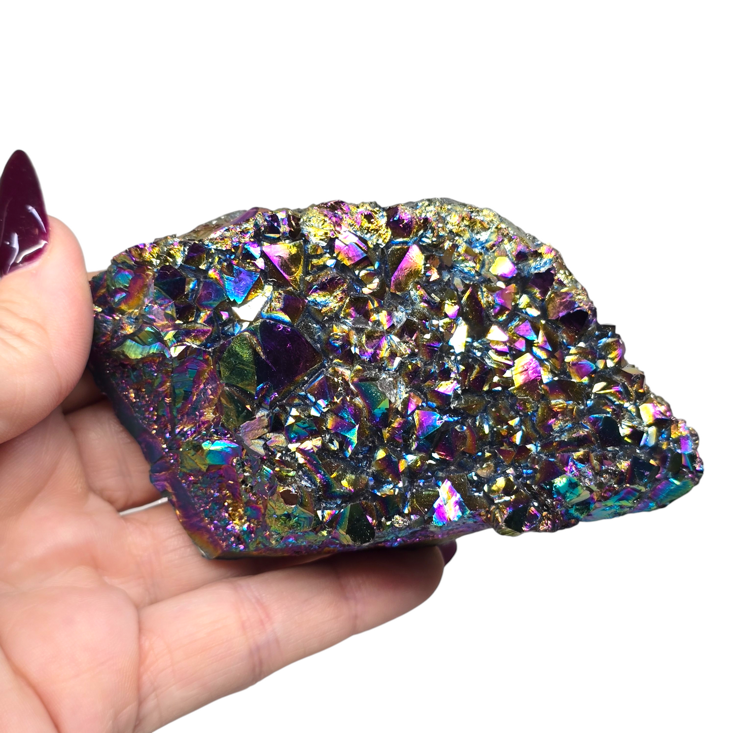 11.4oz Rainbow Aura Amethyst Electroplated Druzy Cluster II | Natural Crystal Raw Flat Bottom Stone