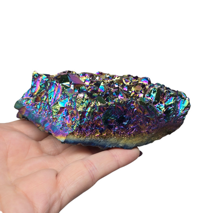 11.4oz Rainbow Aura Amethyst Electroplated Druzy Cluster II | Natural Crystal Raw Flat Bottom Stone