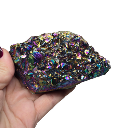 11.4oz Rainbow Aura Amethyst Electroplated Druzy Cluster II | Natural Crystal Raw Flat Bottom Stone