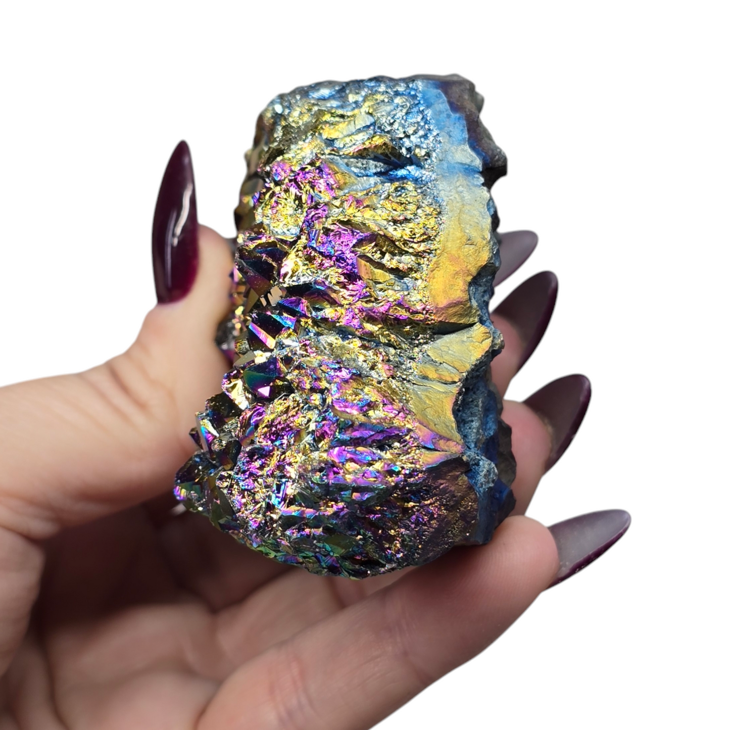 11.4oz Rainbow Aura Amethyst Electroplated Druzy Cluster II | Natural Crystal Raw Flat Bottom Stone