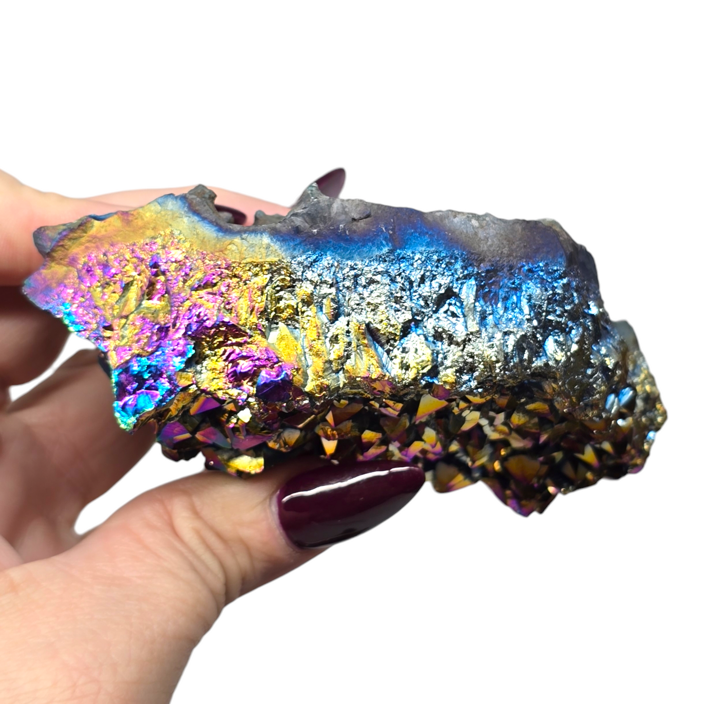 11.4oz Rainbow Aura Amethyst Electroplated Druzy Cluster II | Natural Crystal Raw Flat Bottom Stone