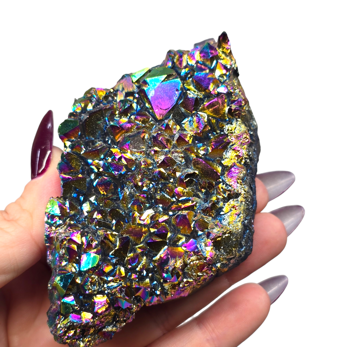 11.4oz Rainbow Aura Amethyst Electroplated Druzy Cluster II | Natural Crystal Raw Flat Bottom Stone