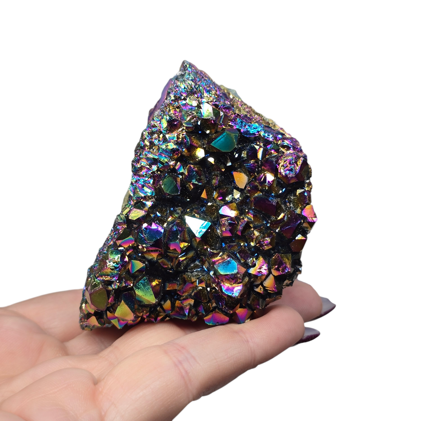 8.4oz Rainbow Aura Amethyst Electroplated Druzy Cluster III | Natural Crystal Raw Flat Bottom Stone