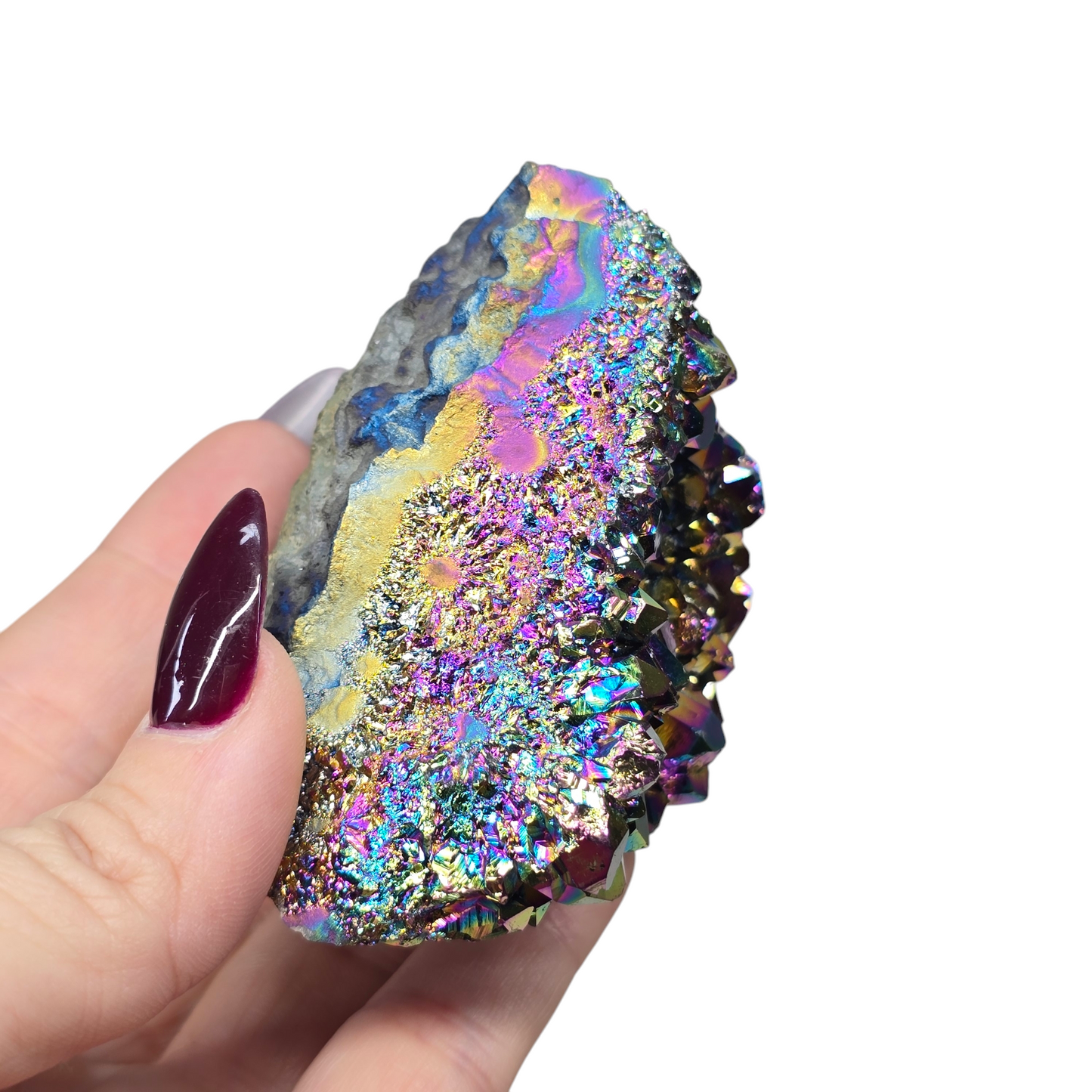 8.4oz Rainbow Aura Amethyst Electroplated Druzy Cluster III | Natural Crystal Raw Flat Bottom Stone