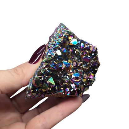 8.4oz Rainbow Aura Amethyst Electroplated Druzy Cluster III | Natural Crystal Raw Flat Bottom Stone